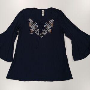 2B Together Boho Embroidered Navy Tunic 3/4 Bell Sleeve Off Shoulder Stretch